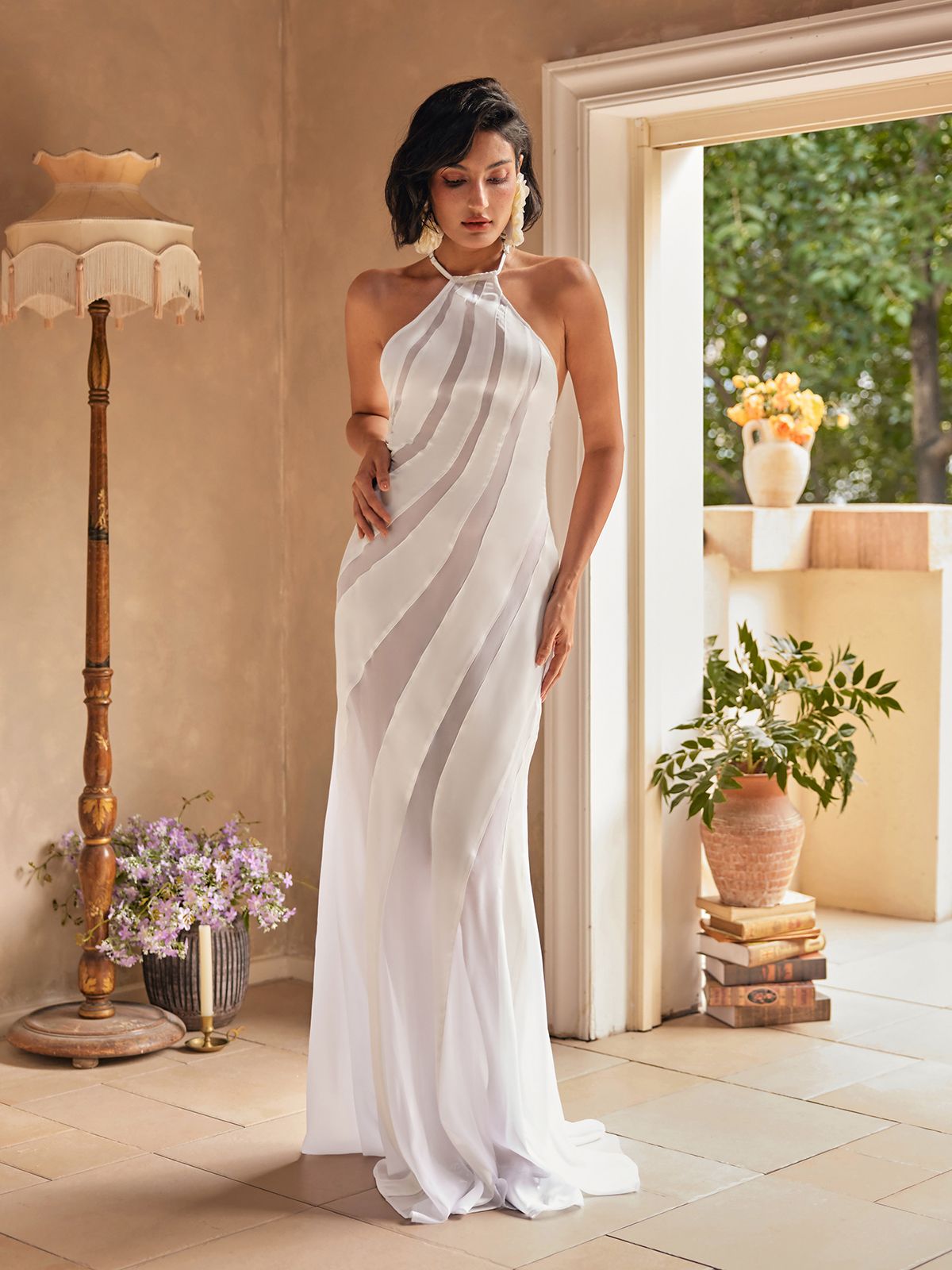 Halter Neck Sheer Diagonal Stripe Panel Sleeveless Maxi Dress