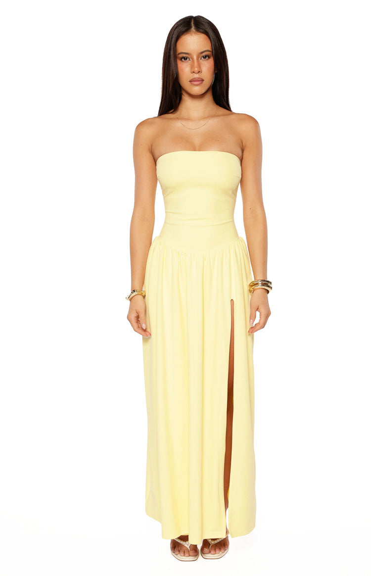 Strapless Fitted Bodice Drop Waist Side Split Maxi Dress 7
