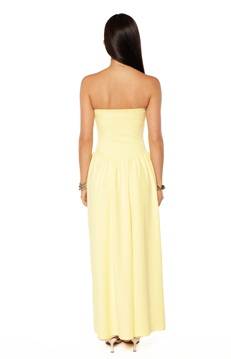 Strapless Fitted Bodice Drop Waist Side Split Maxi Dress 9