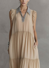 Natural Apricot Peter Pan Collar Ruffled Wrinkled Chiffon Maxi Dresses Summer 2