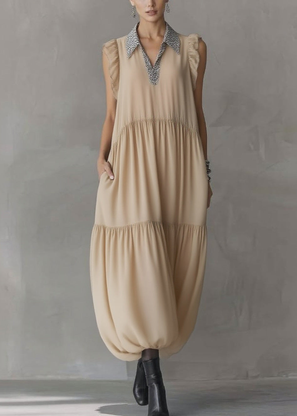 Natural Apricot Peter Pan Collar Ruffled Wrinkled Chiffon Maxi Dresses Summer 3