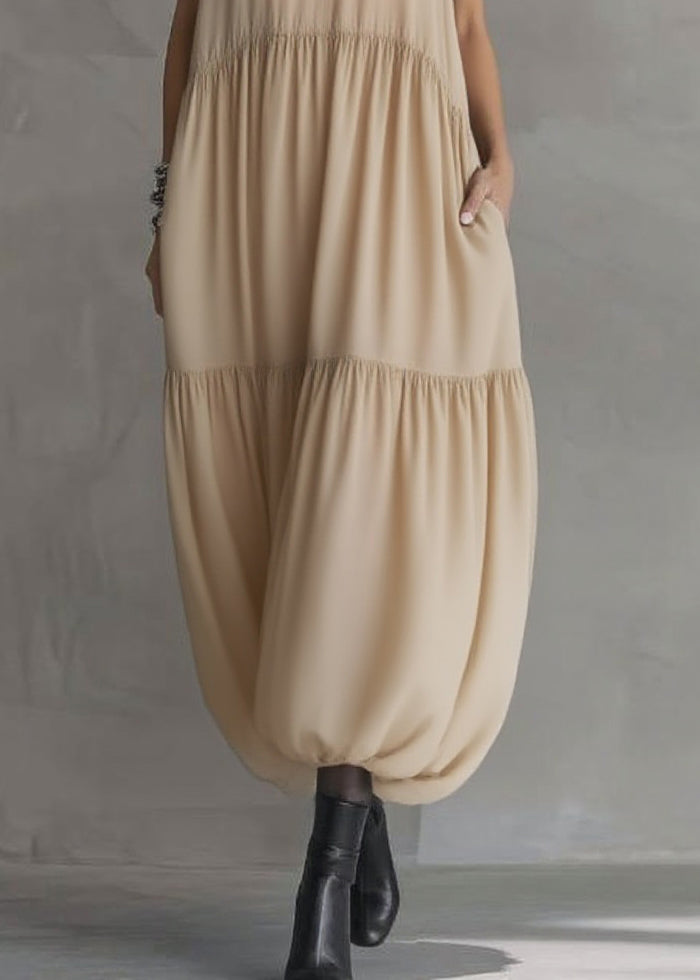 Natural Apricot Peter Pan Collar Ruffled Wrinkled Chiffon Maxi Dresses Summer 4