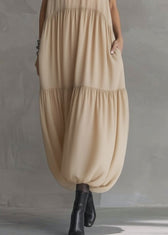 Natural Apricot Peter Pan Collar Ruffled Wrinkled Chiffon Maxi Dresses Summer 4