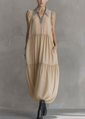 Natural Apricot Peter Pan Collar Ruffled Wrinkled Chiffon Maxi Dresses Summer 5