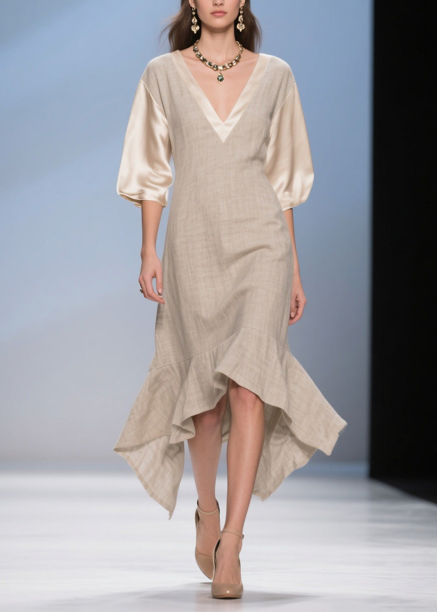 Deep V-Neck Puff Sleeve Satin Contrast Woven A-Line High Low Midi Dress