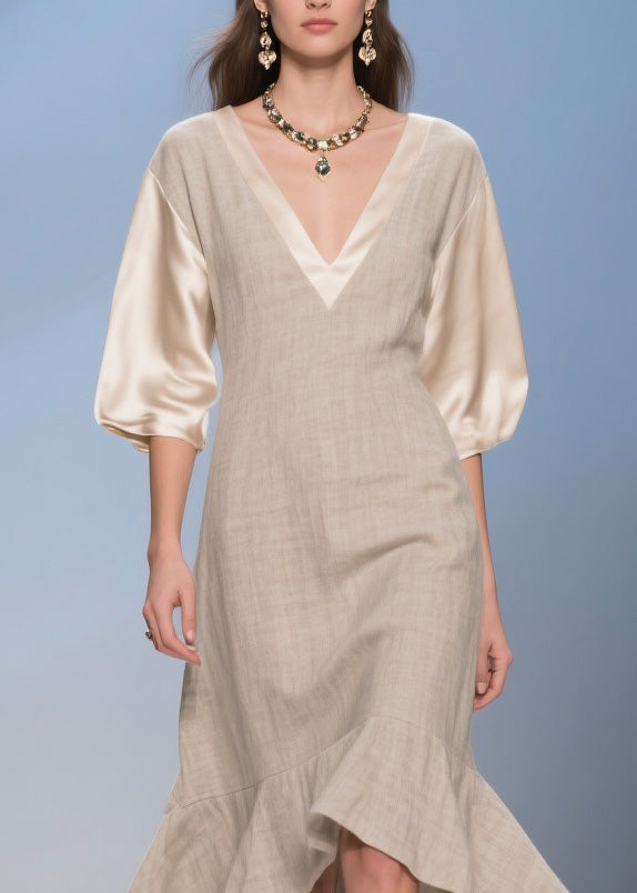 Deep V-Neck Puff Sleeve Satin Contrast Woven A-Line High Low Midi Dress