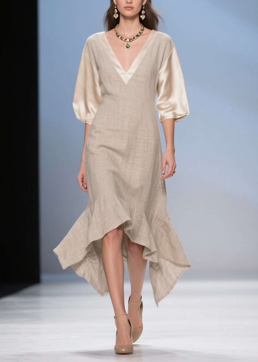 Deep V-Neck Puff Sleeve Satin Contrast Woven A-Line High Low Midi Dress