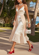 Natural Beige Patchwork Tulle Silk Spaghetti Strap Dress Summer 3