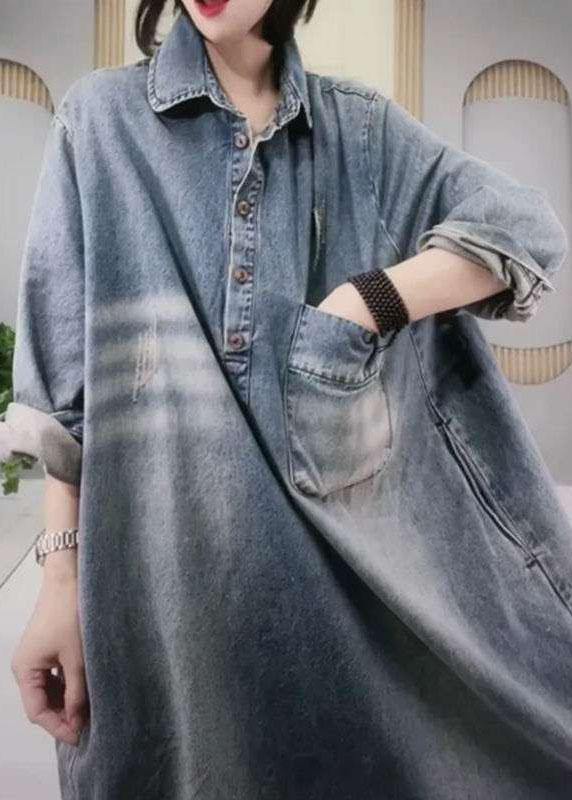 Denim Collared Button Chest Pocket Distressed Hem Oversized Long Sleeve Midi Dress