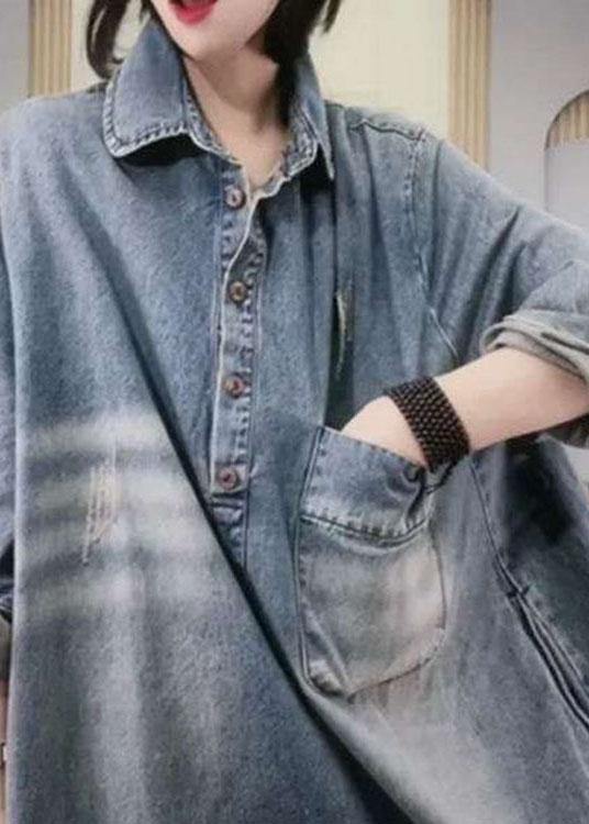 Denim Collared Button Chest Pocket Distressed Hem Oversized Long Sleeve Midi Dress