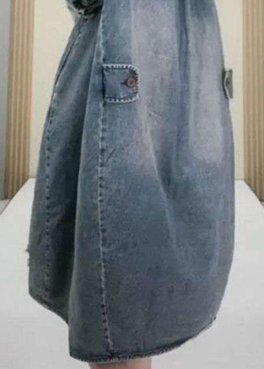 Denim Collared Button Chest Pocket Distressed Hem Oversized Long Sleeve Midi Dress