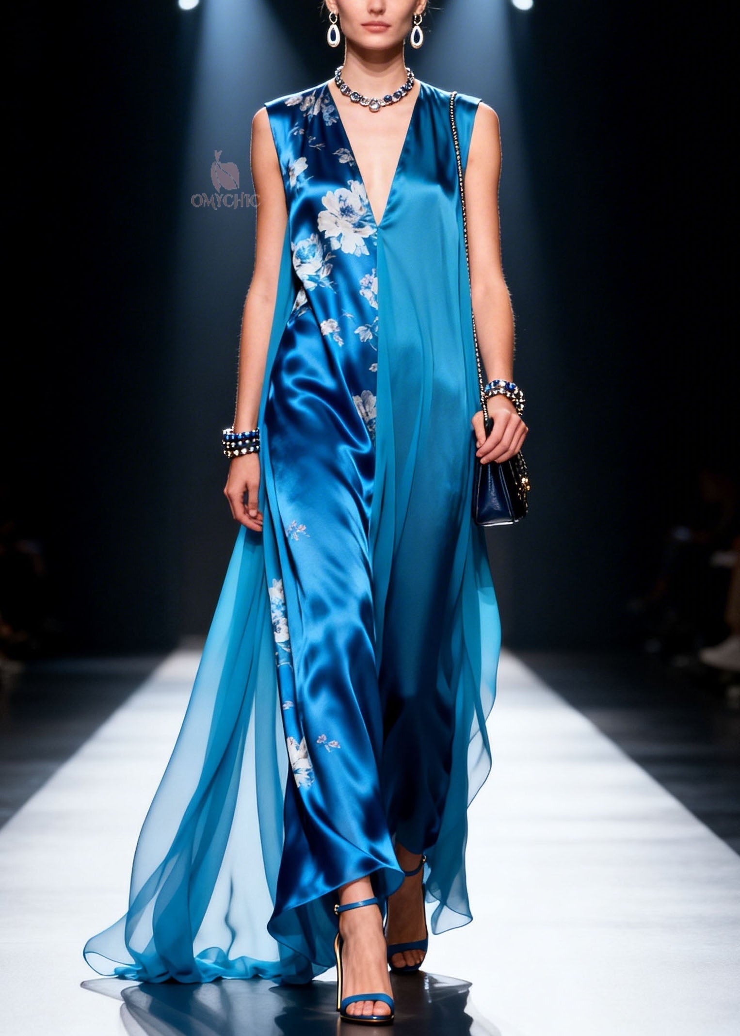 Floral Print Split Deep V-Neck Wide Leg Sheer Overlay Maxi Jumpsuit