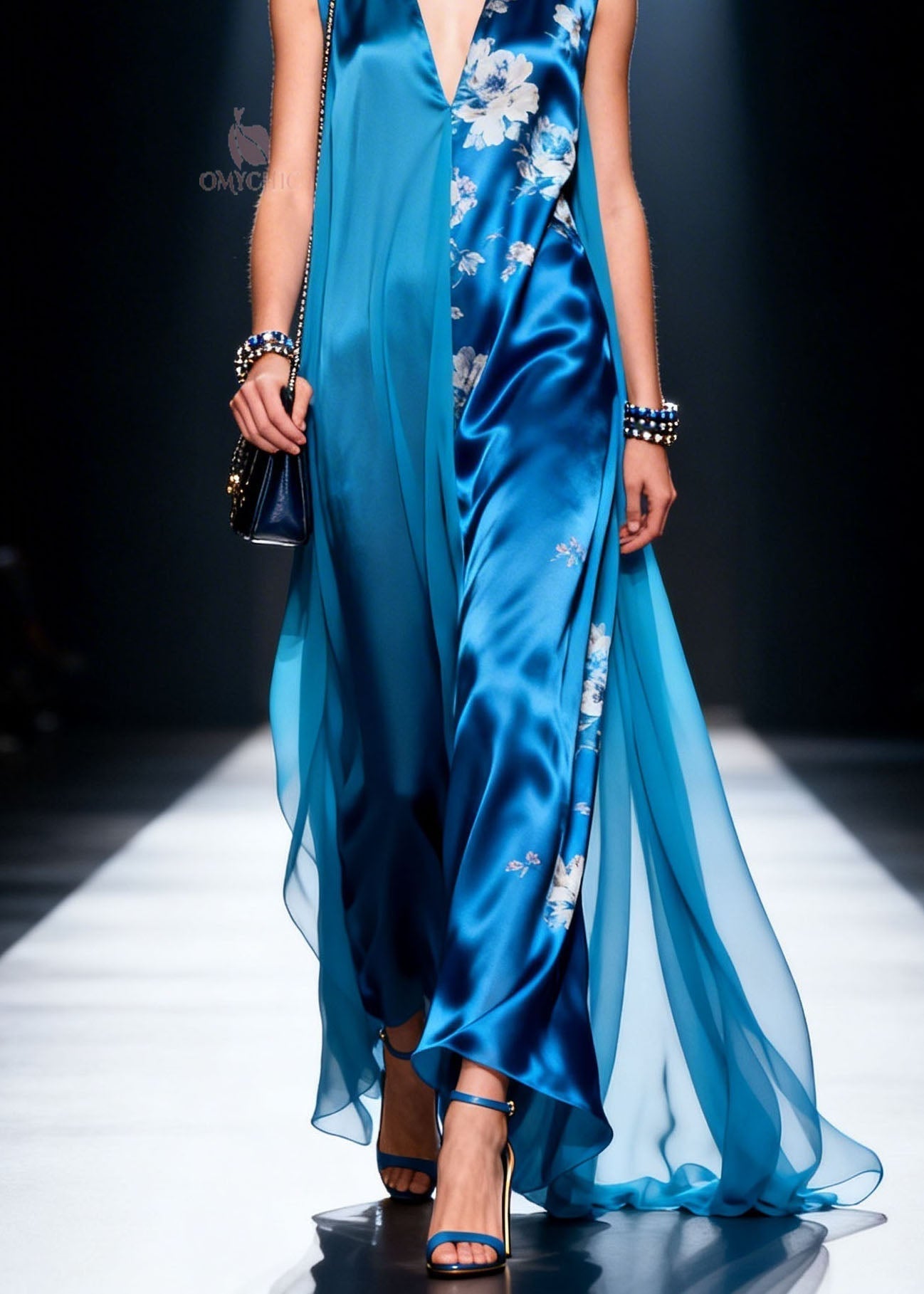 Floral Print Split Deep V-Neck Wide Leg Sheer Overlay Maxi Jumpsuit