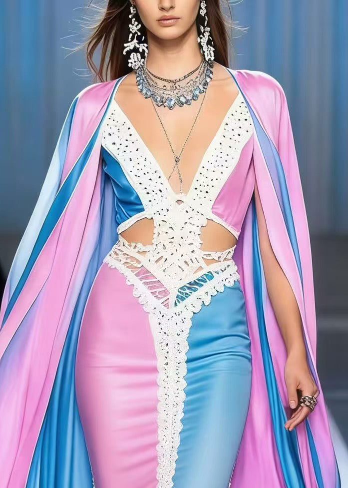 Deep V-Neck Cut Out Chiffon Lace Trim Waist Cape Panel Maxi Gown
