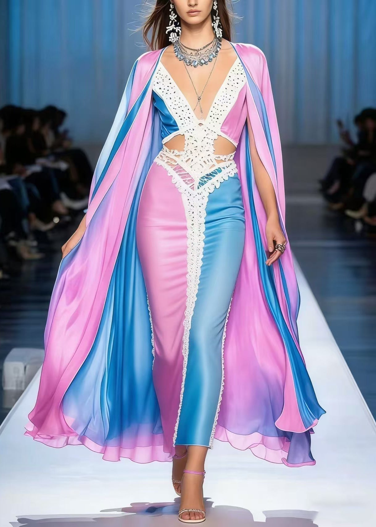 Deep V-Neck Cut Out Chiffon Lace Trim Waist Cape Panel Maxi Gown