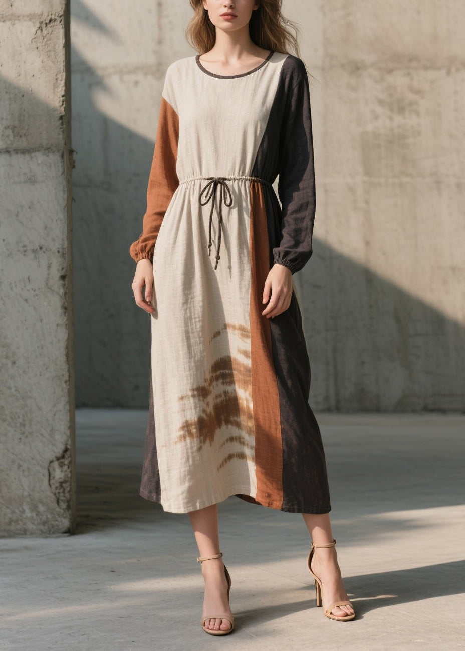 Long Sleeve Crew Neck Drawstring Waist Panel Midi Dress