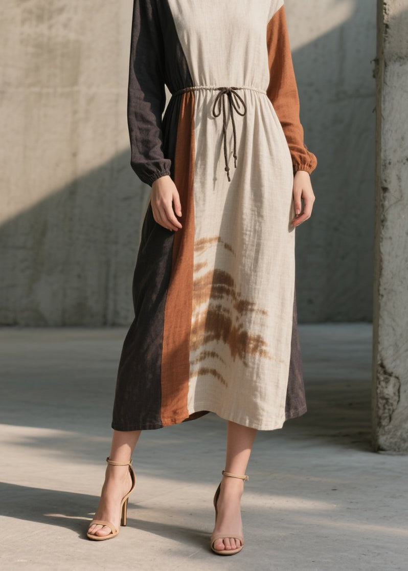 Long Sleeve Crew Neck Drawstring Waist Panel Midi Dress