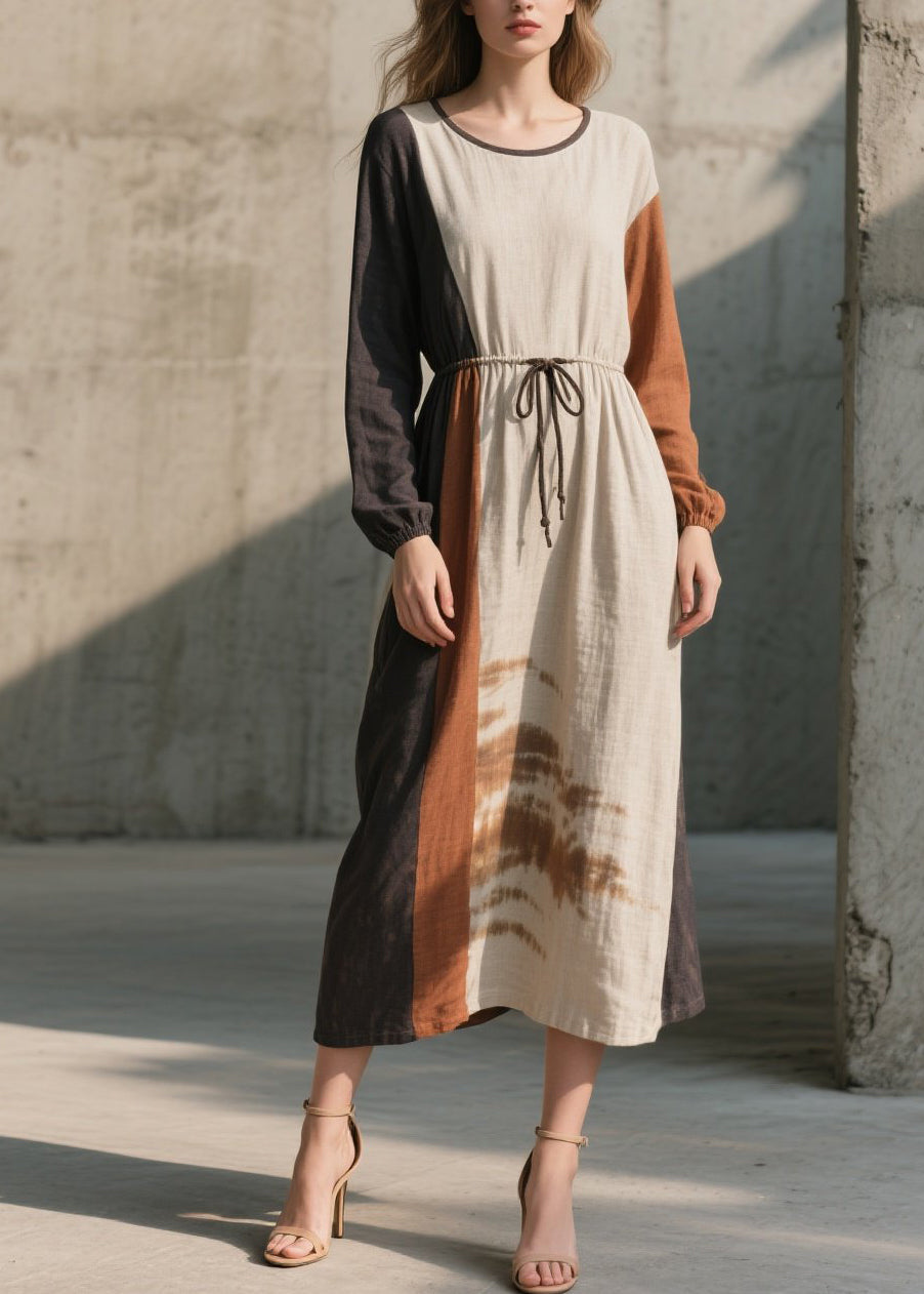 Long Sleeve Crew Neck Drawstring Waist Panel Midi Dress