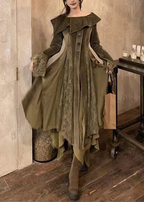 Velvet Lace Panel Button Front Bell Sleeve Layered Maxi Gown