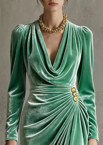 Velvet Cowl Neck Long Sleeve Ruched Button Asymmetric High Low Maxi Gown