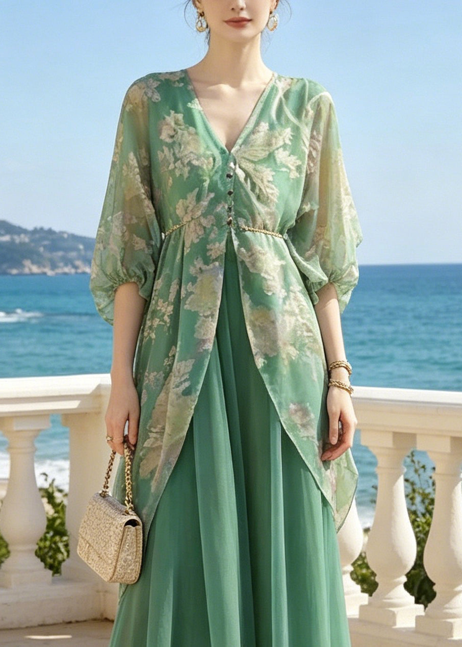 Natural Green V Neck Print Patchwork Party Chiffon Long Dress Lantern Sleeve