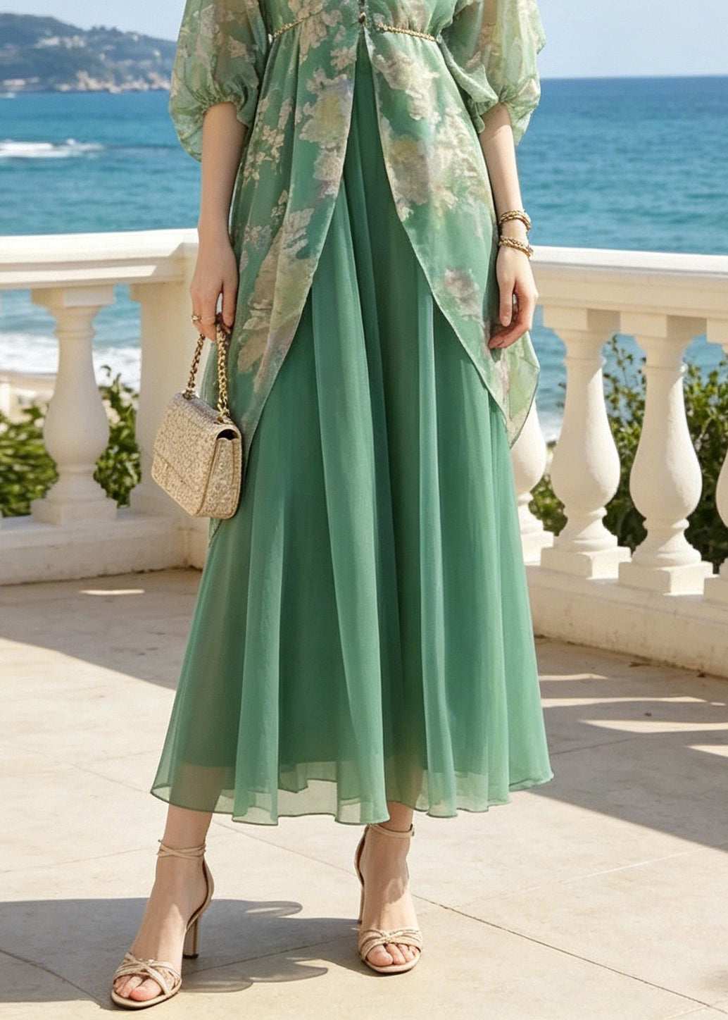 Floral Print Button Front Balloon Sleeve Duster and Pleated Maxi Skirt Two Piece Set