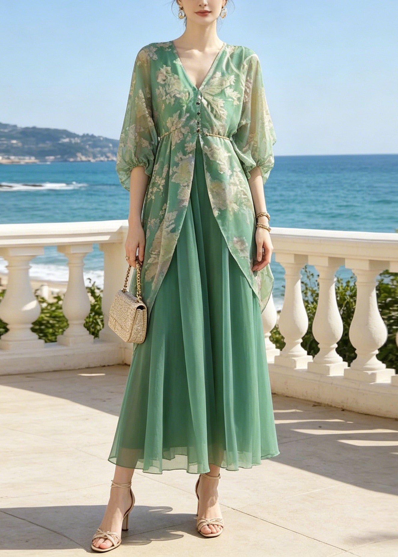 Floral Print Button Front Balloon Sleeve Duster and Pleated Maxi Skirt Two Piece Set