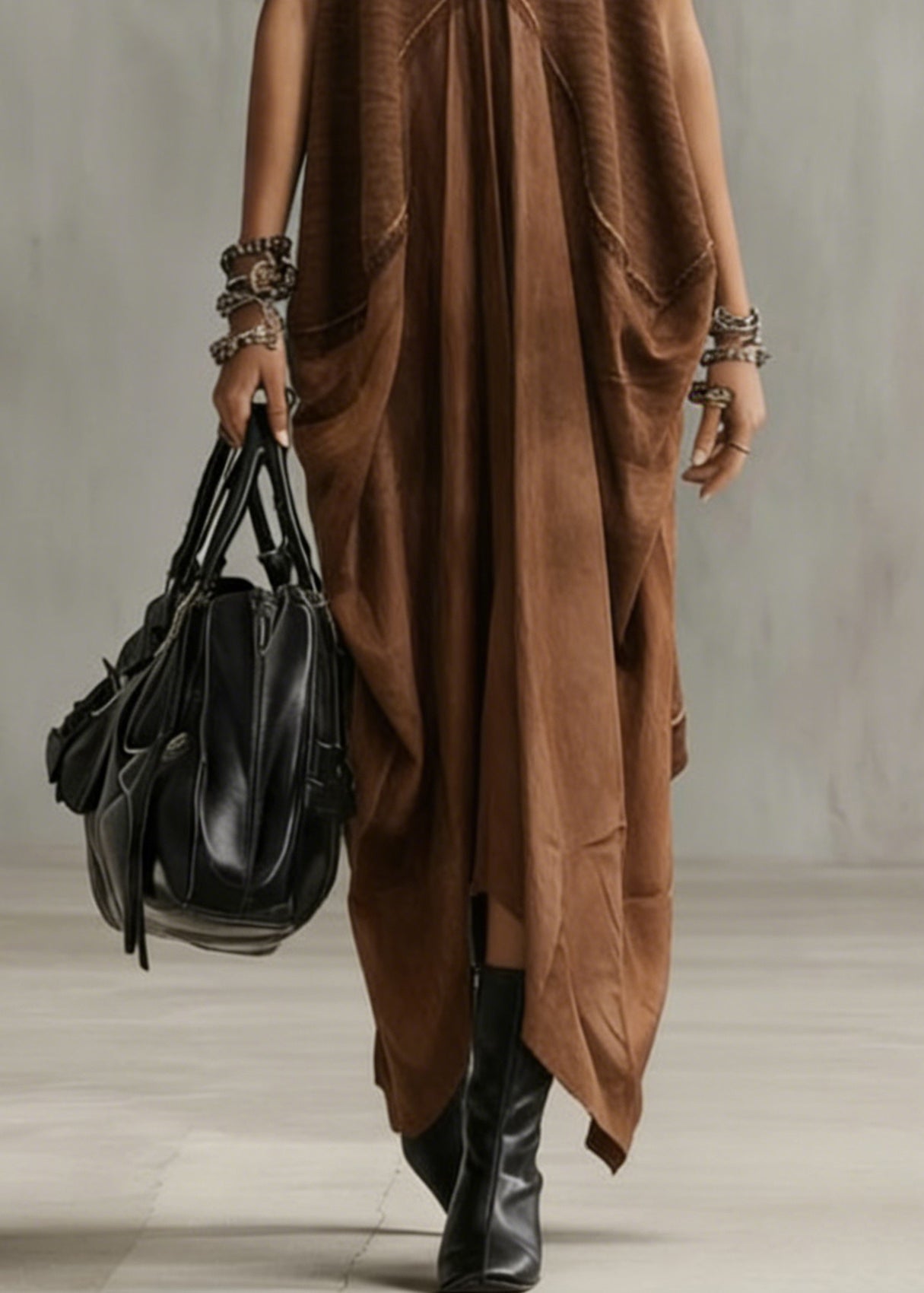 Natural Khaki O-Neck Patchwork Solid Long Dress Summer