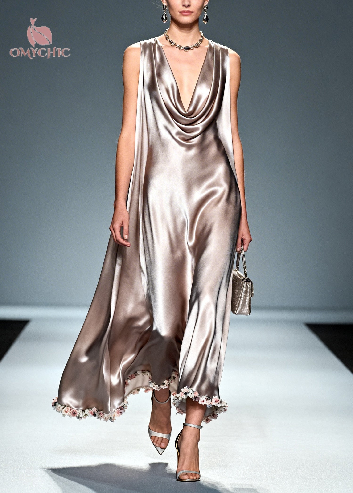 Floral Border Cowl Neck Cape Drape Sleeveless Satin Maxi Gown