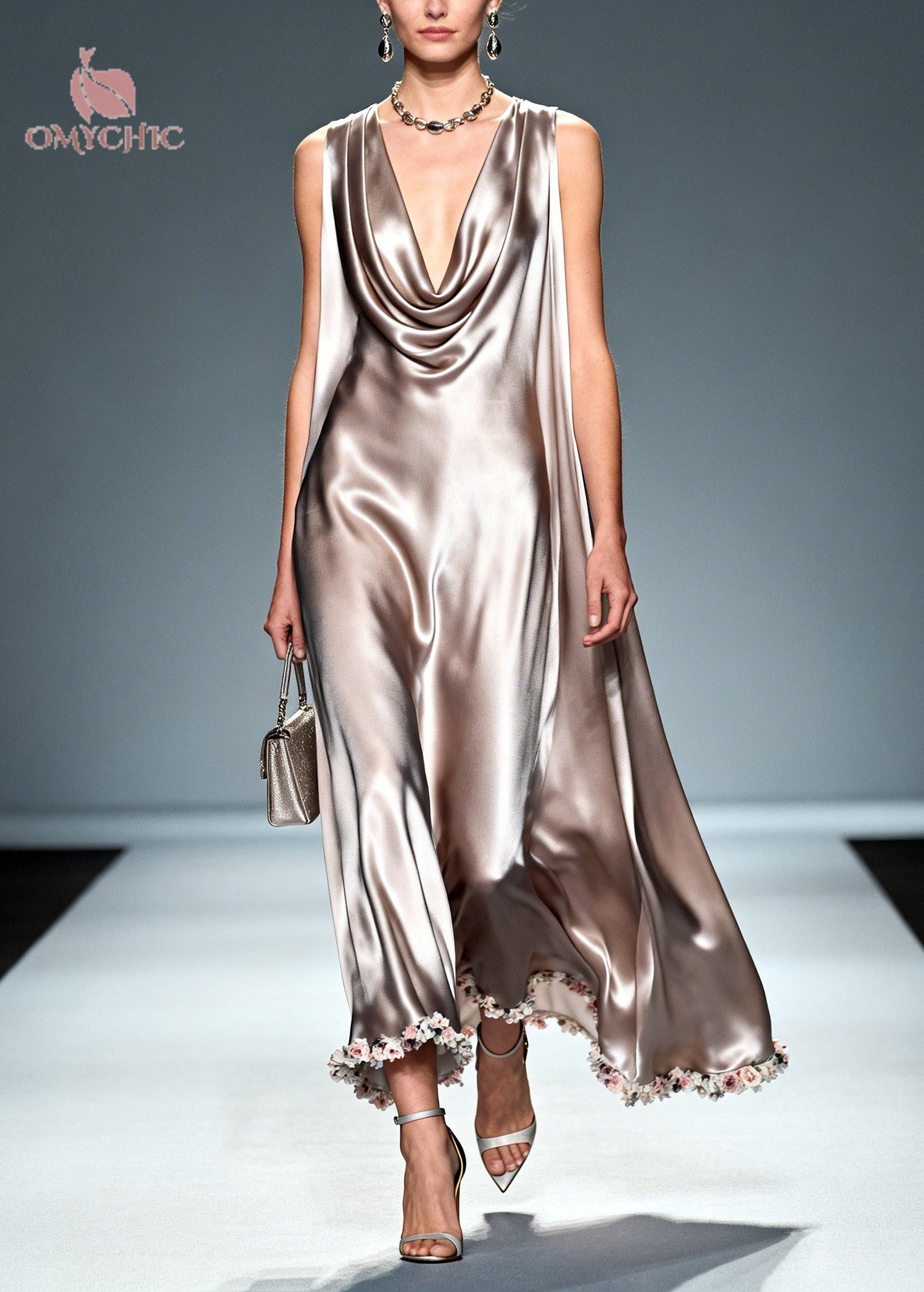 Floral Border Cowl Neck Cape Drape Sleeveless Satin Maxi Gown