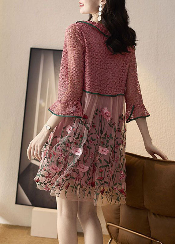 Lace Keyhole Bow Neck Bell Sleeve Embroidered Tulle Fit and Flare Midi Dress