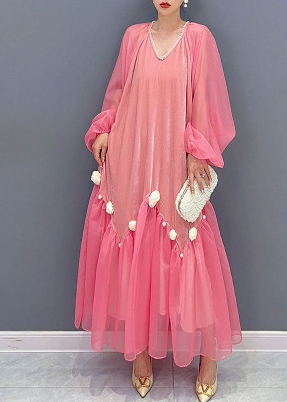 Velvet Tulle Patchwork Faux Pearl V-Neck Lantern Sleeve Rosette Maxi Dress