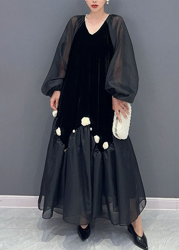 Natural Pink V Neck Tulle Patchwork Silk Velour Maxi Dress Long Sleeve - View 2