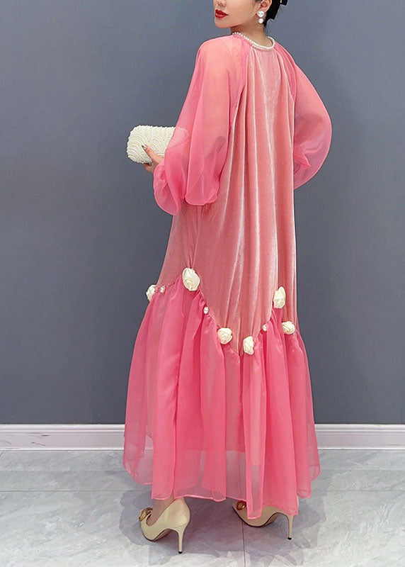 Natural Pink V Neck Tulle Patchwork Silk Velour Maxi Dress Long Sleeve - View 5