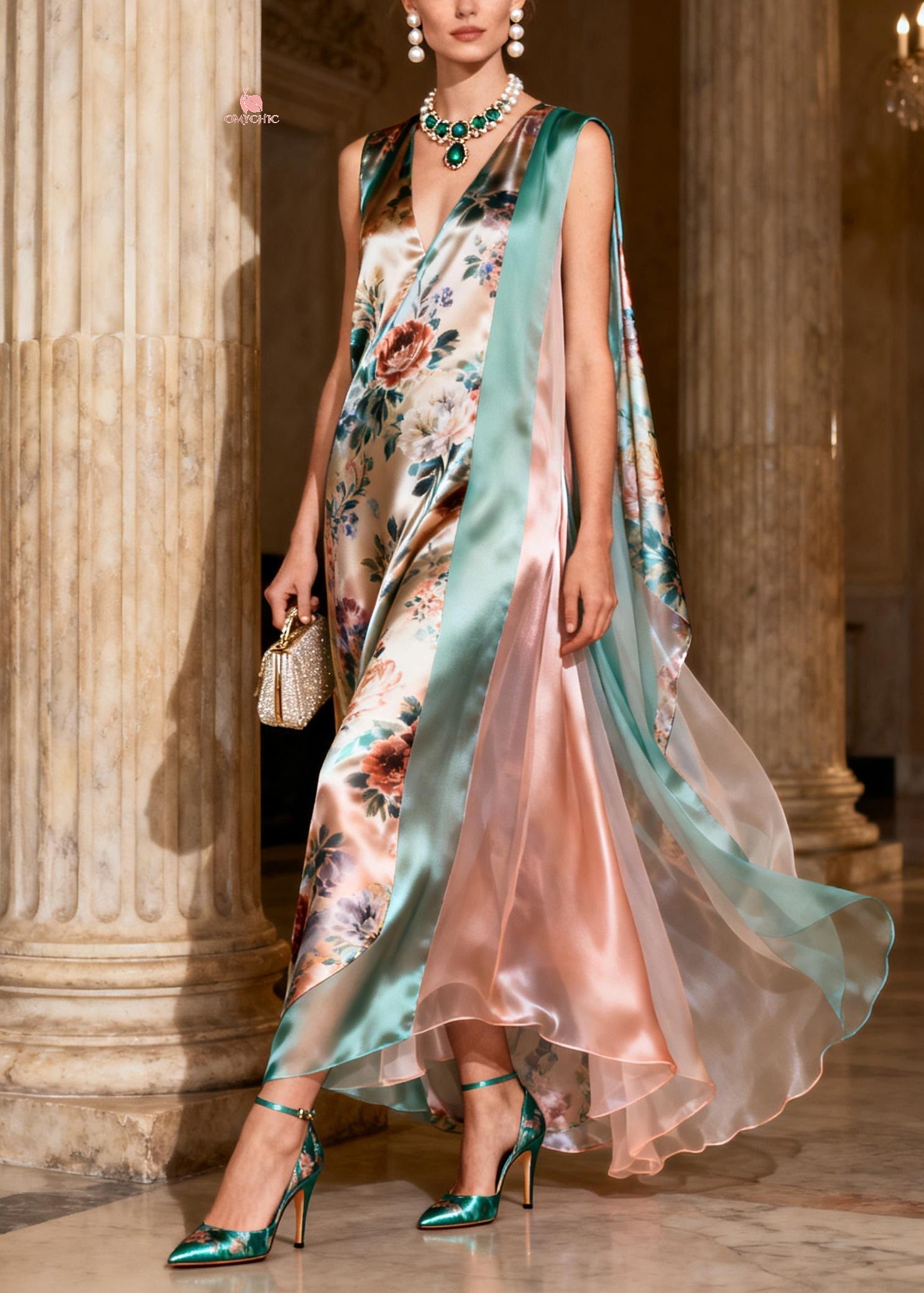 Floral Print Sleeveless V-Neck Sheer Cape Panel High Low Maxi Gown