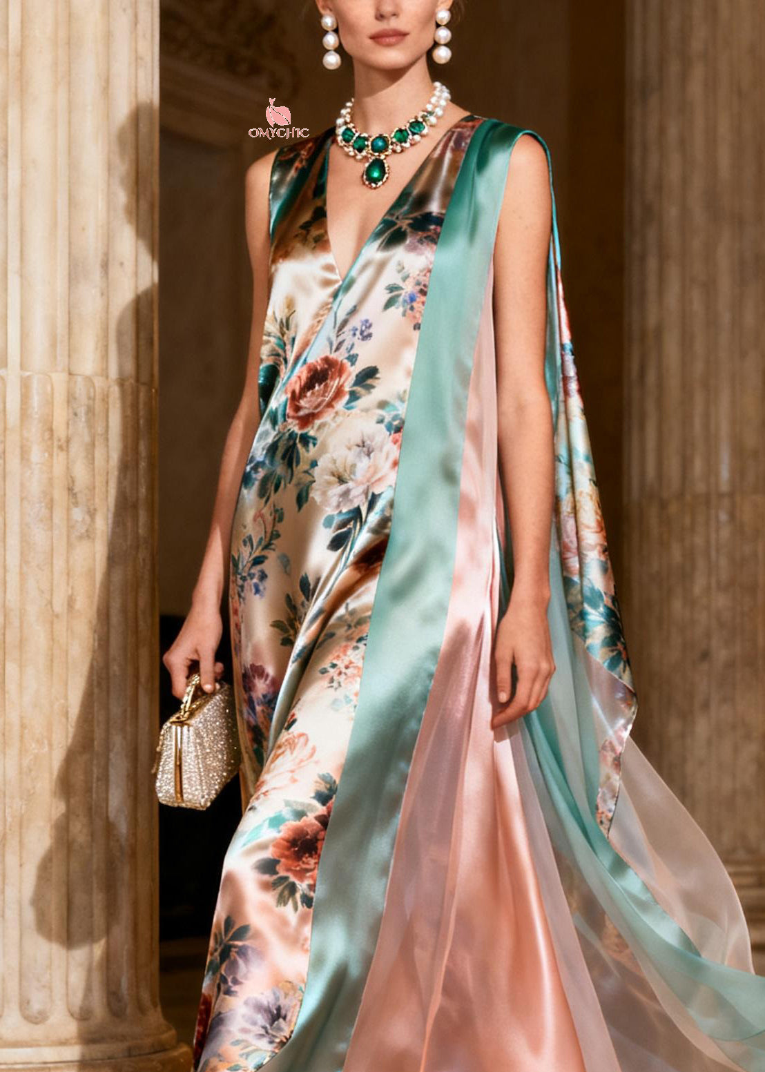 Floral Print Sleeveless V-Neck Sheer Cape Panel High Low Maxi Gown