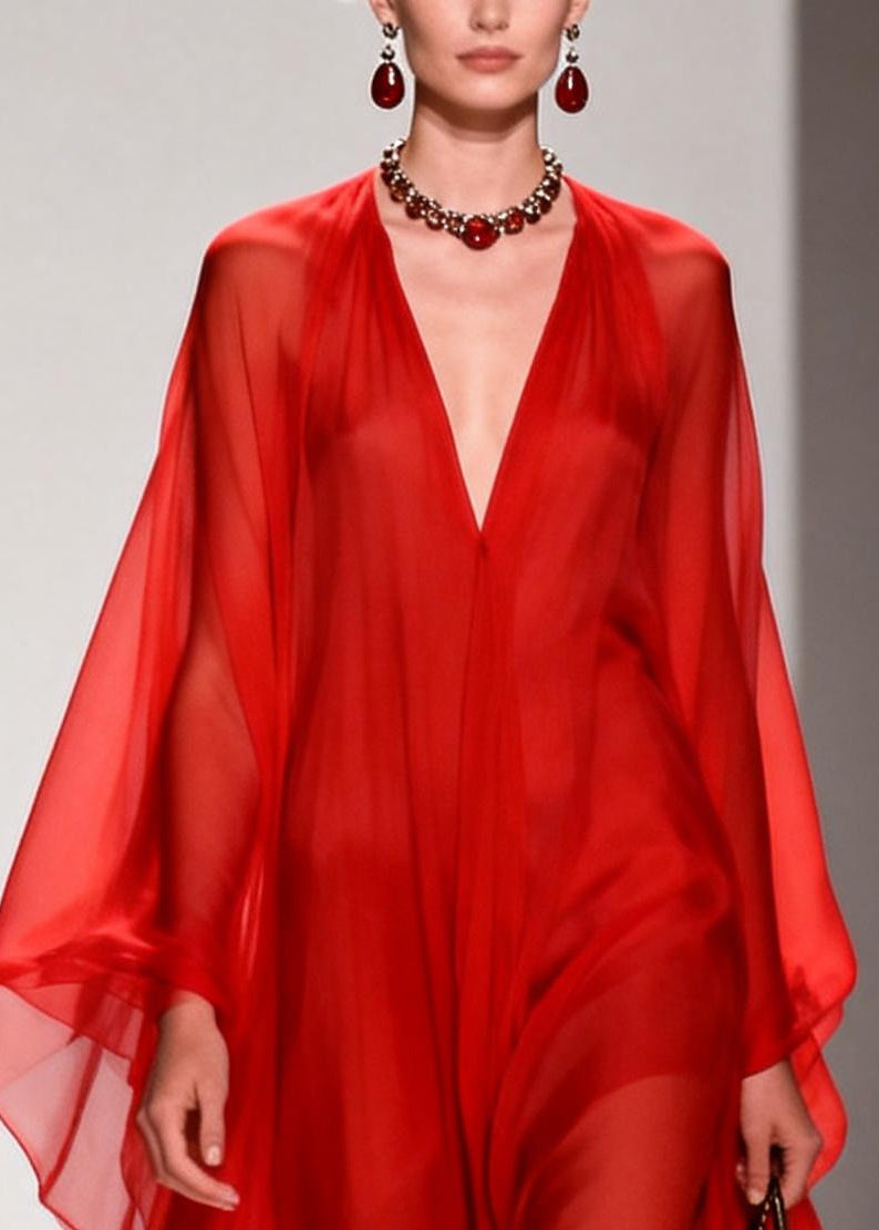 Chiffon Deep V-Neck Billowing Cape Sleeve Sheer Kaftan Maxi Gown