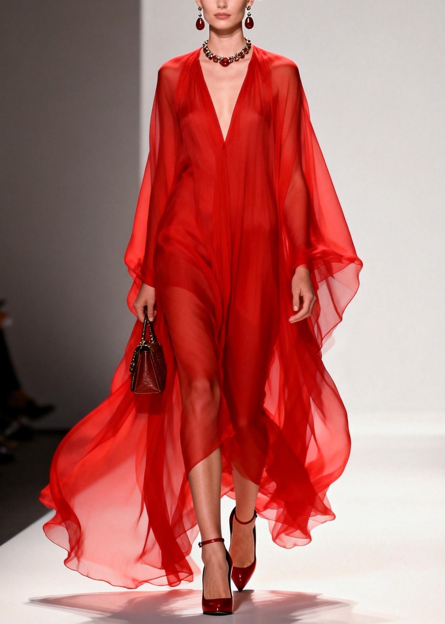 Chiffon Deep V-Neck Billowing Cape Sleeve Sheer Kaftan Maxi Gown