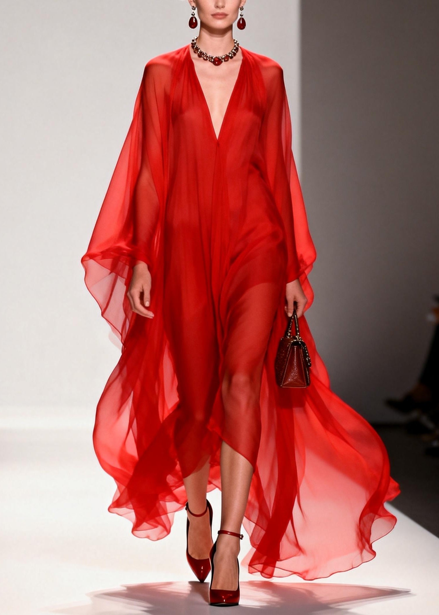 Chiffon Deep V-Neck Billowing Cape Sleeve Sheer Kaftan Maxi Gown