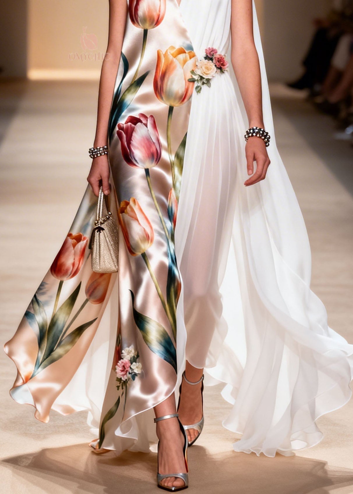 Tulip Floral Satin Chiffon Panel Deep V-Neck Cape Sleeve Sleeveless Maxi Gown