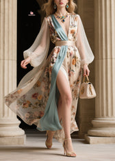 Natural V Neck Print Tunic Tulle Maxi Dresses Fall 3