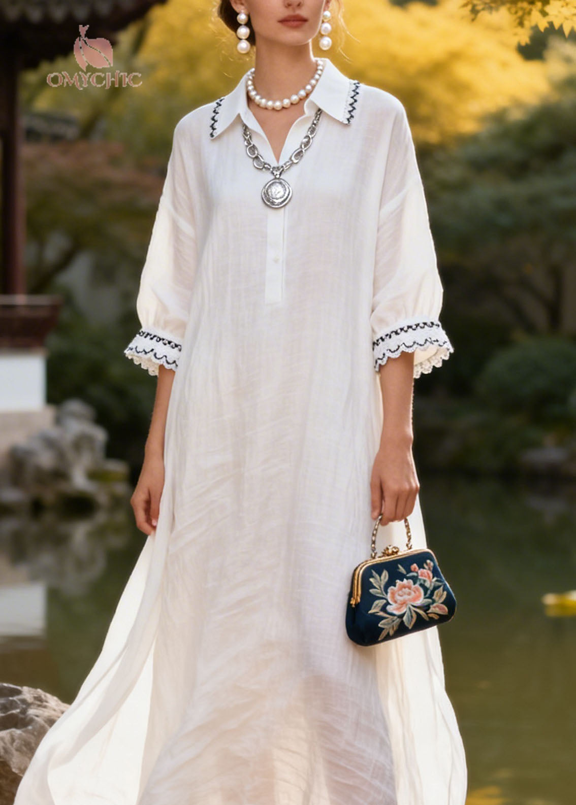 Lace Trim Collar Three Quarter Sleeve Button Front High Low Hem Midi Dress
