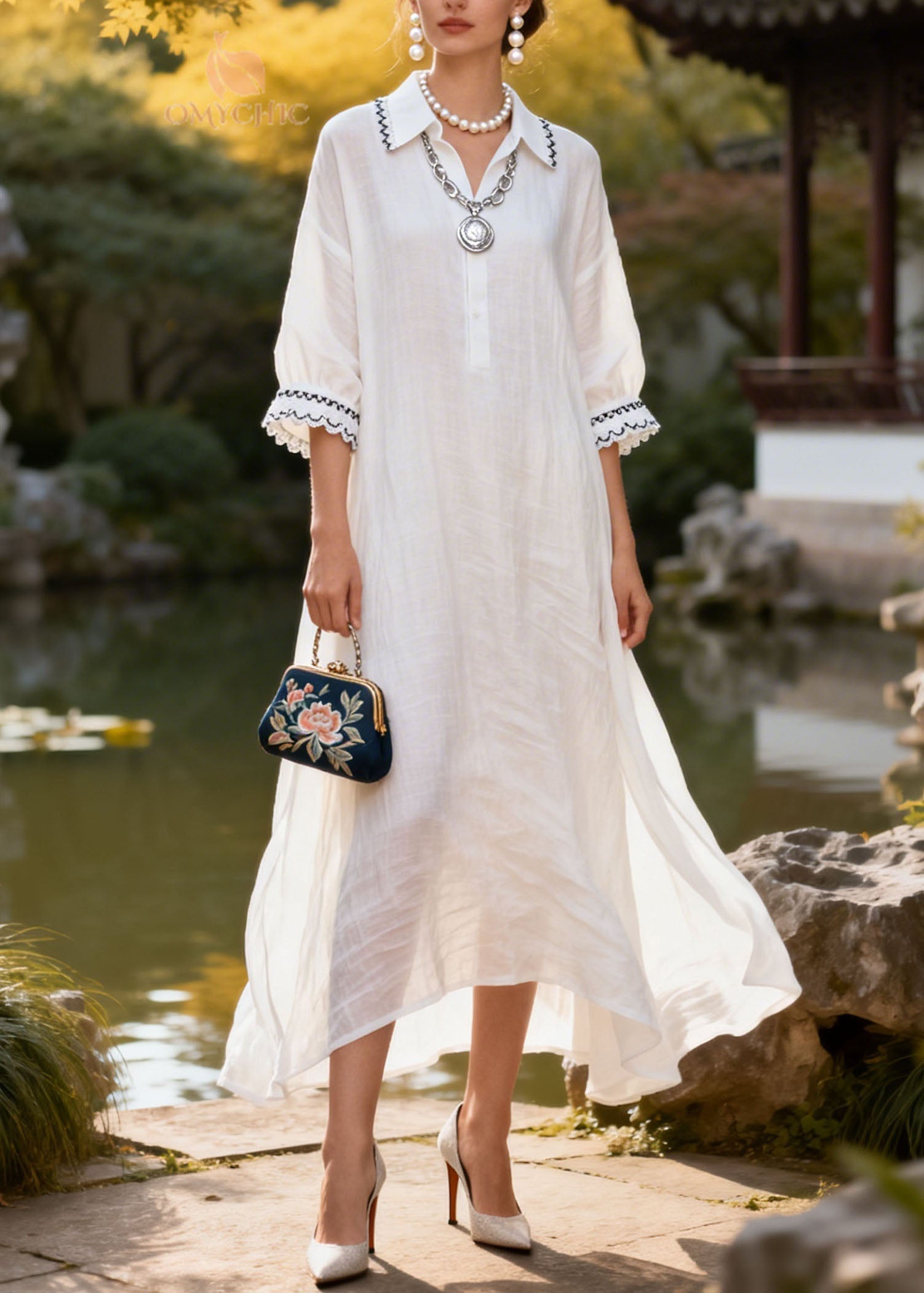Lace Trim Collar Three Quarter Sleeve Button Front High Low Hem Midi Dress