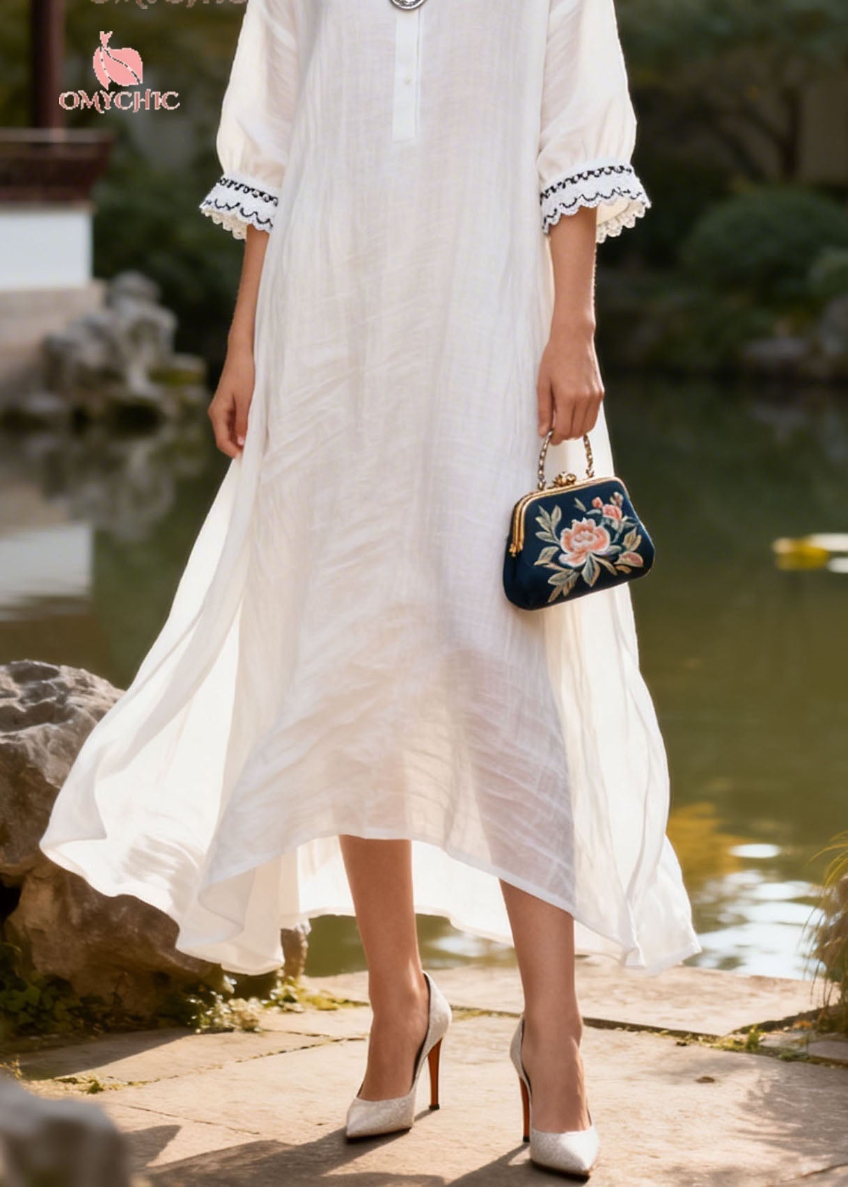 Natural White Peter Pan Collar Lace Patchwork Cotton Dress Summer