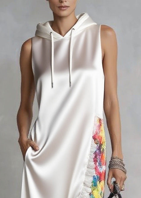 Satin Hooded Sleeveless High Split Floral Lining Ruffle Trim Maxi Dress