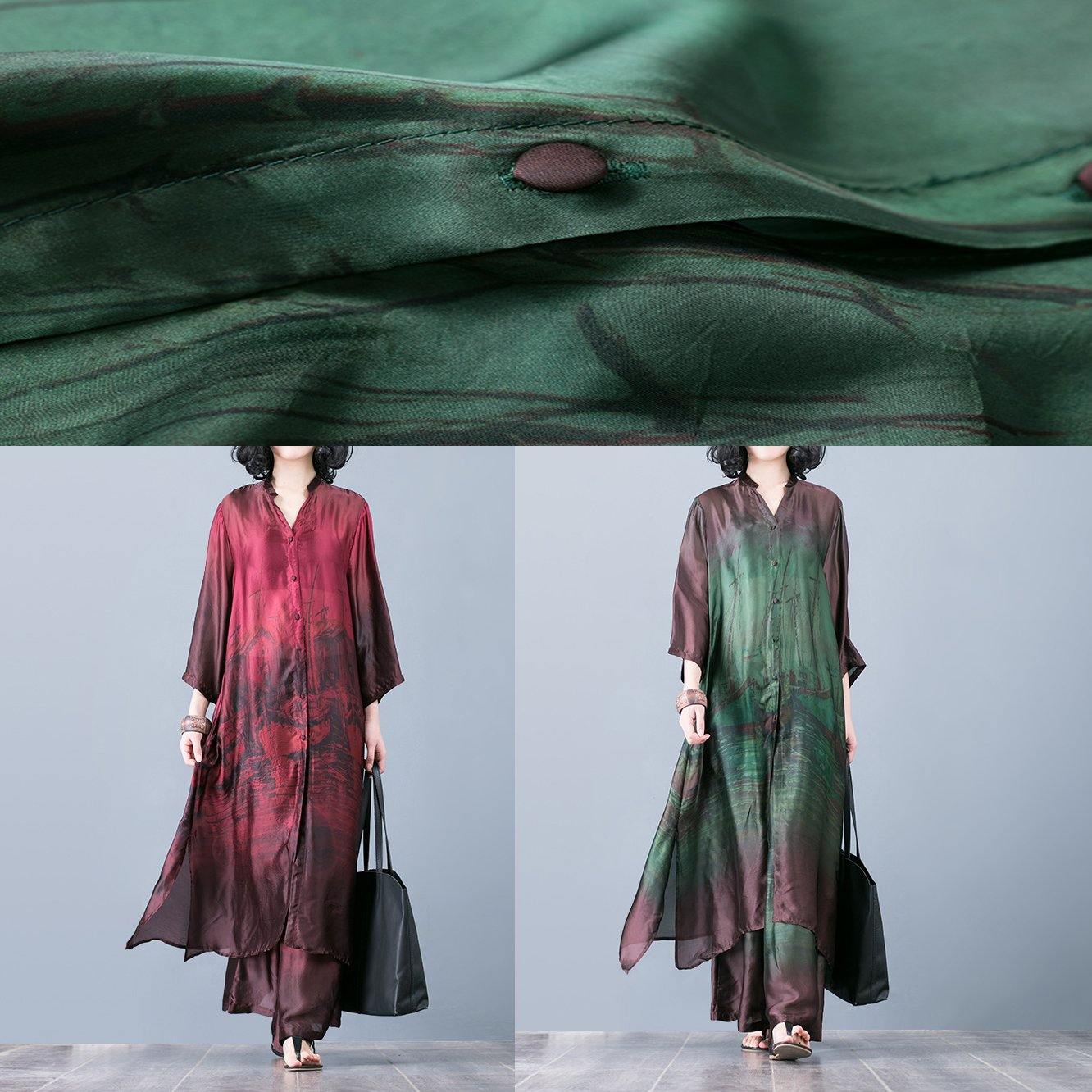 Natural With Wide Leg Pants Green Prints Silk Oversized Dresses Summer Two Pieces