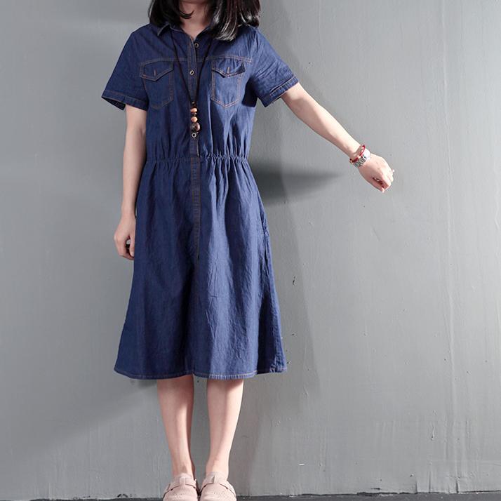 Navy blue summer denim dress tunic casual denim sundress plus size thin for summer
