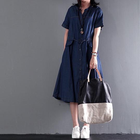 Navy blue summer denim maxi dress plus size denim sundress short sleeve fit flare dress