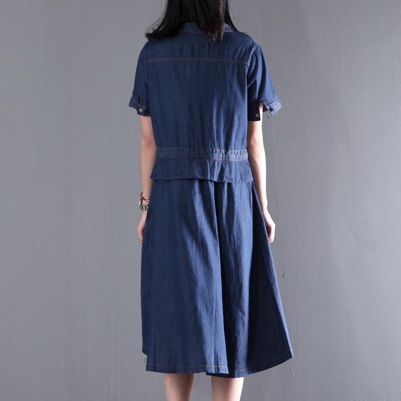 Navy blue summer denim maxi dress plus size denim sundress short sleeve fit flare dress