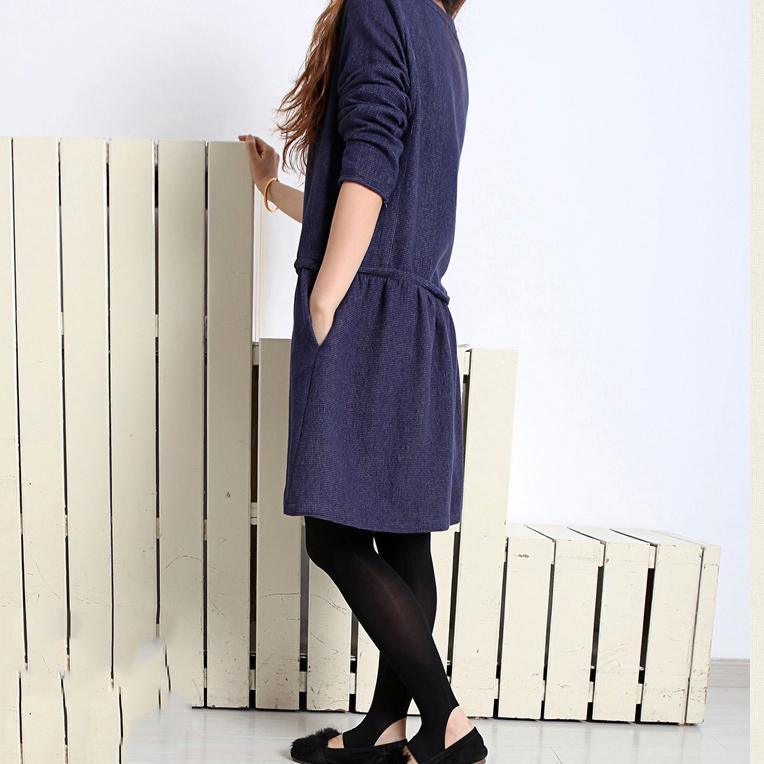 Navy cotton plus size spring dress long sleeve fit flare dress